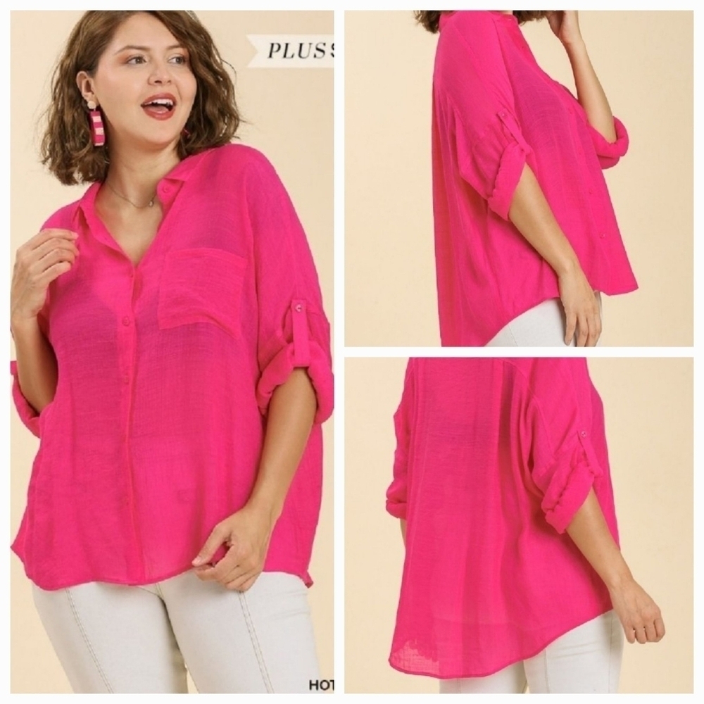 Umgee Plus Hot Pink Sheer Button Down Long Sleeve Cardigan Shirt Size 2XL